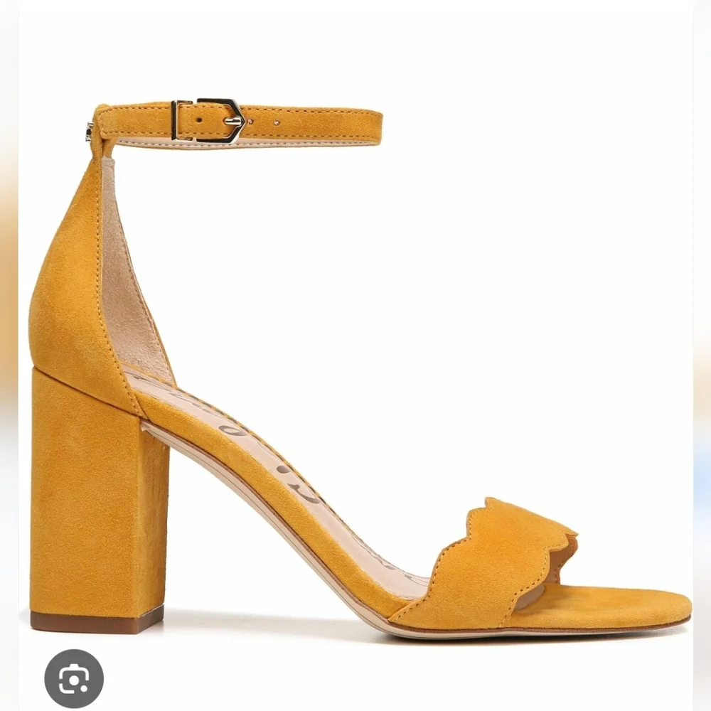Sam Edelman Odila Sandal Suede Scallops Butter Yellow Ankle Strap Block Heel 7.5